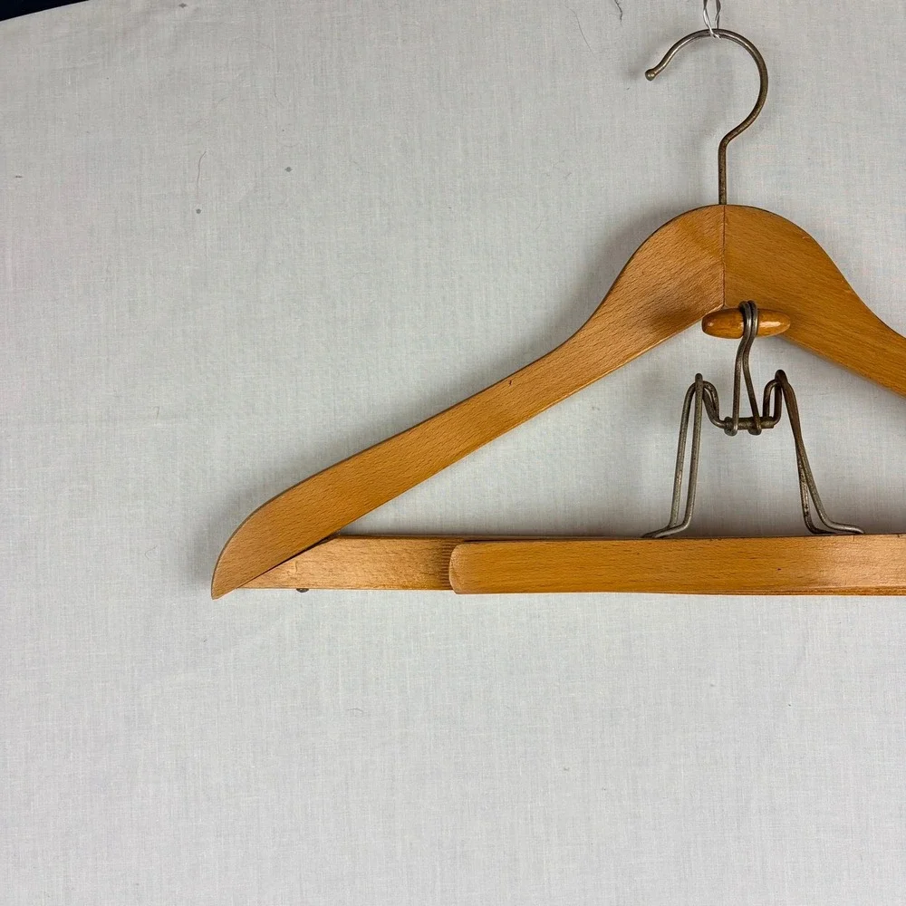 Vintage Wooden Suit Hanger with Spring Tension Trouser Bar Honey Brown Wood